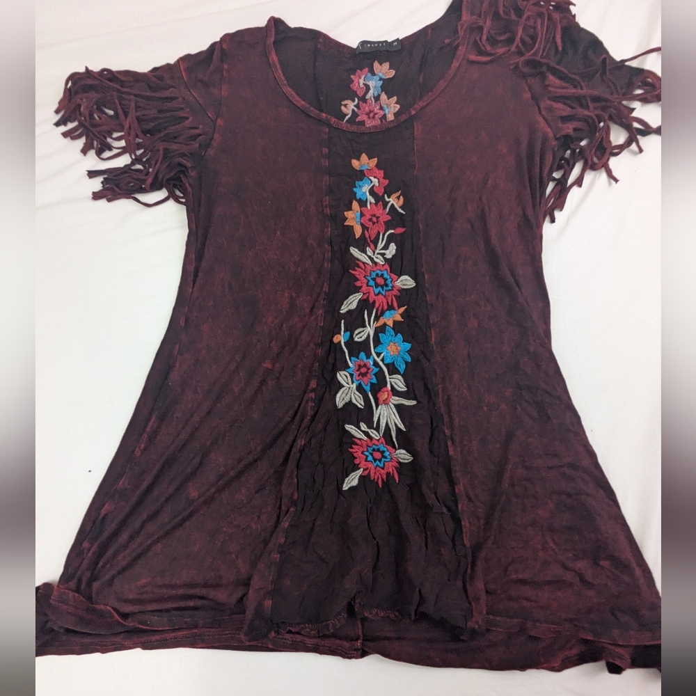T Party Floral & Fringe Boho Tunic Maroon Colorful Flowers Front/Back Medium